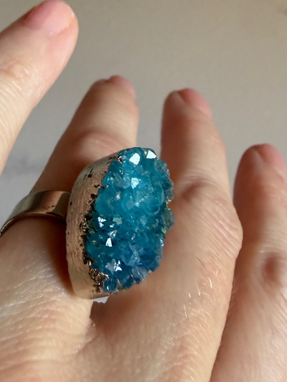 Blue Druzy Statement Ring raw teal Crystal Cluster on Adjustable Metal band